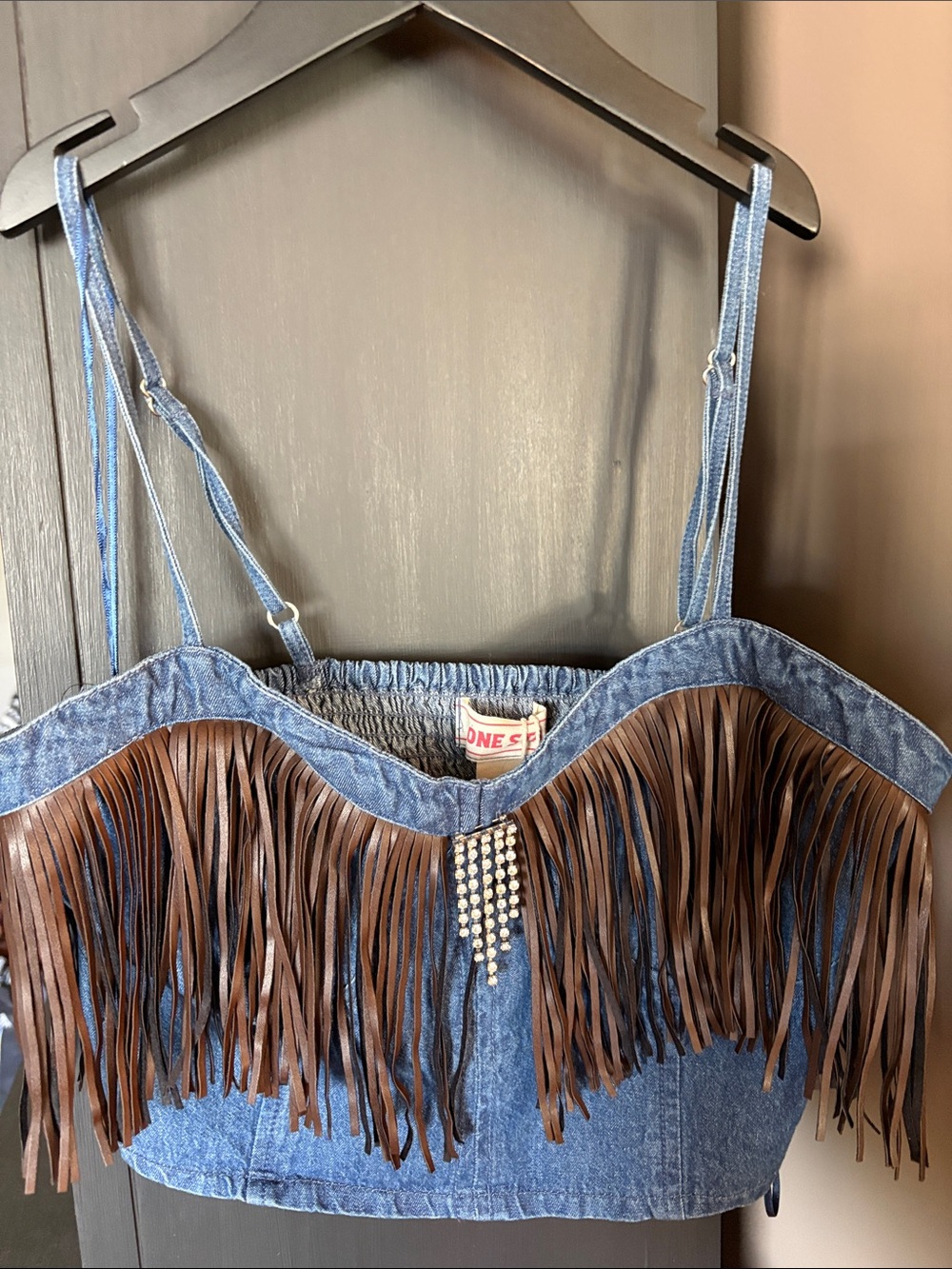 # 117  Up cycled denim , fringe crop top